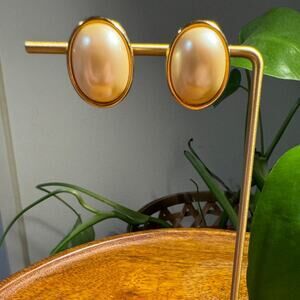 Vintage Large Faux Pearl Gold Tone Oval Stud Earrings